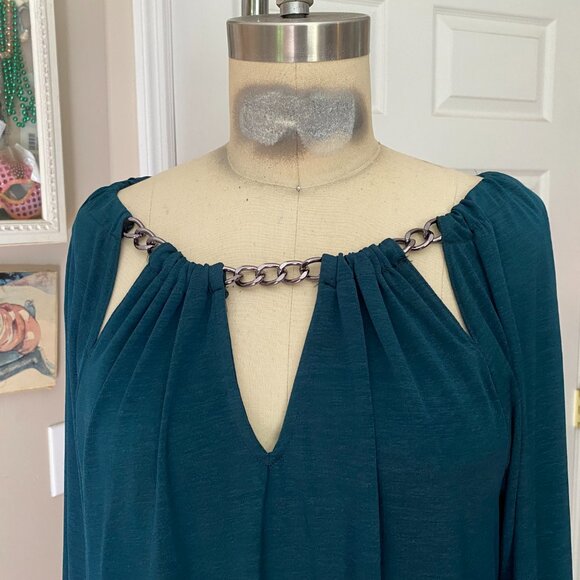 JLo Jennifer Lopez TEAL Slinky chain collar Y2K Peasant Tunic Shirt *SMALL* - Picture 2 of 6
